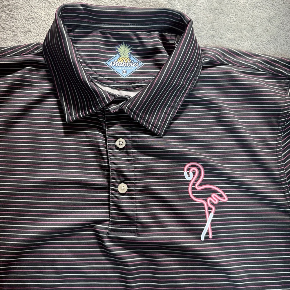 Chubbies Size Medium Black Stripe Neon Flamingo Classic Golf Performance Polo